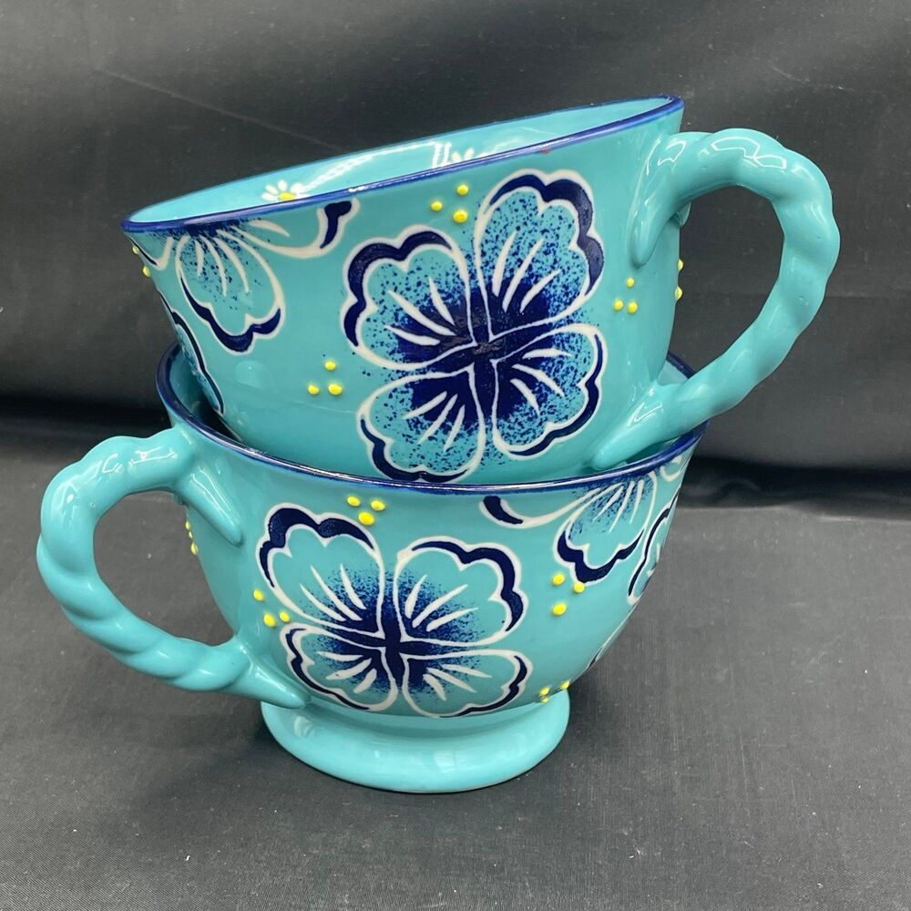 Yokohama Studio Blue Floral Tea Cups Stacked Set of 2 Ceramic Hand Painted